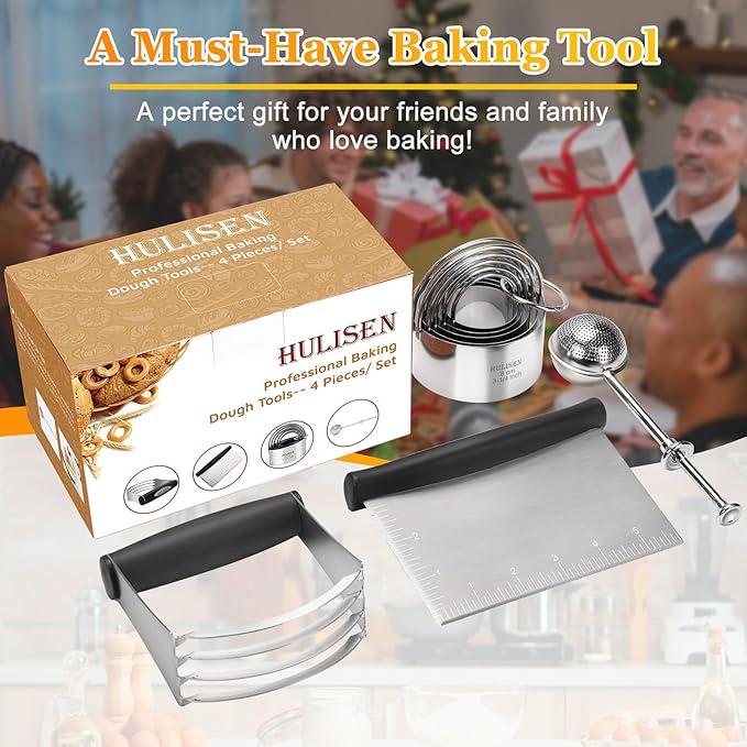 HULISEN Stainless Steel Biscuit Cutter Set, Flour Duster, Pastry Scraper and Dough Blender, Sturdy & Long-Lasting with Ergonomic Rubber Grip, Professional Baking Dough Tools, Gift Package (4 Pcs/Set)