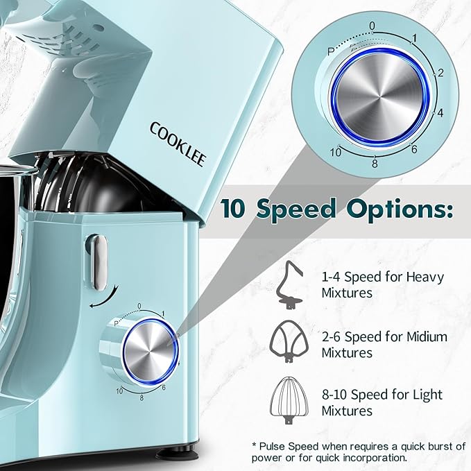 COOKLEE Stand Mixer, 9.5 Qt. 660W 10-Speed Electric Kitchen Mixer with Dishwasher-Safe Dough Hooks, Flat Beaters, Wire Whip & Pouring Shield Attachments for Most Home Cooks, Blue