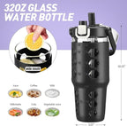 MUKOKO 32 oz Glass Tumbler with Straw,Glass Water Bottles with Time Marker,Iced Coffee Cup with Silicone Sleeve,Motivational Drinking Bottles,Leakproof-Black