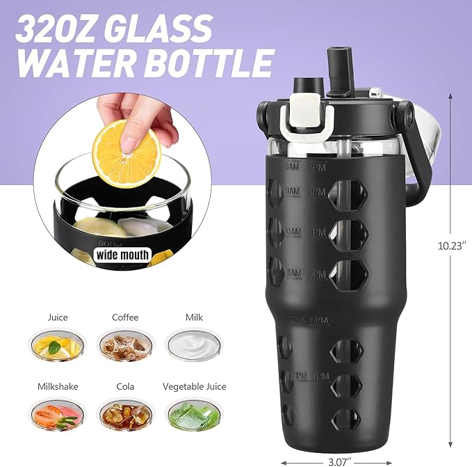 MUKOKO 32 oz Glass Tumbler with Straw,Glass Water Bottles with Time Marker,Iced Coffee Cup with Silicone Sleeve,Motivational Drinking Bottles,Leakproof-Black