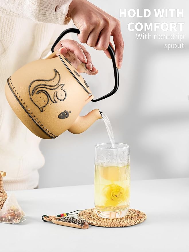 Toptier Teapot with Removable Infuser, Cast Iron Tea Kettle Stovetop Safe, Squirrel Design Tea Pot Coated with Enameled Interior for 32 Ounce (950 ml), Orange