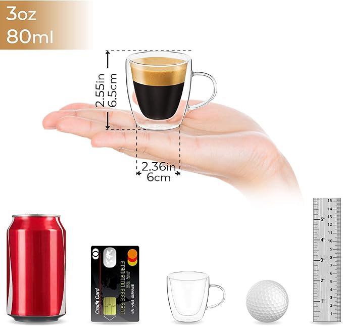 DLux Espresso Coffee Cups 3oz, Double Wall, Clear Glass Set of 2 Glasses with Handles, Insulated Borosilicate Glassware Tea Cup