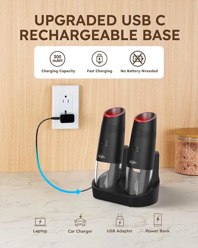 Sangcon 2-Speed Gravity Electric Salt and Pepper Grinder Set RECHARGEABLE, Automatic Salt Pepper Shakers with Charging Base - LED Light One Hand Operated, External Adjustable Coarseness Pepper Mill