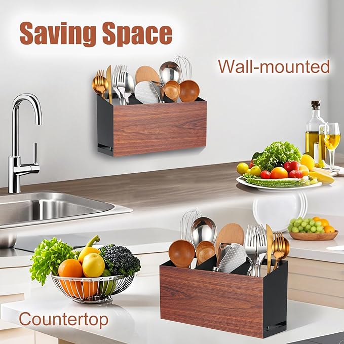 Utensil Holder Large Iron Flatware Container with 3 Compartments Countertop Wall-mounted Kitchen Utensil Storage (Black)