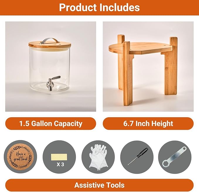 Glass Beverage Dispenser with Bamboo Stand 6.7 In and Lid, Iced 1.5 Gallon Drink Server with Spigot, Large Thick Glass Drink Dispenser for Parties, Hotels, Restaurants, Homes