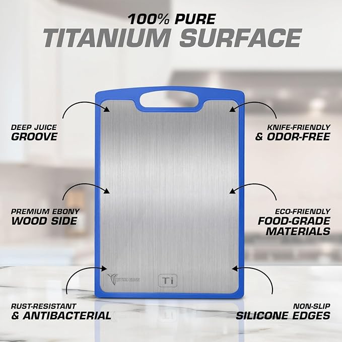 Titanium Cutting Boards for Kitchen - Dual-Sided Cutting Board with Pure Titanium and Wood Surface, Durable Chopping Board, Easy to Clean with Juice Groove - Large 15 x 10 (Blue)