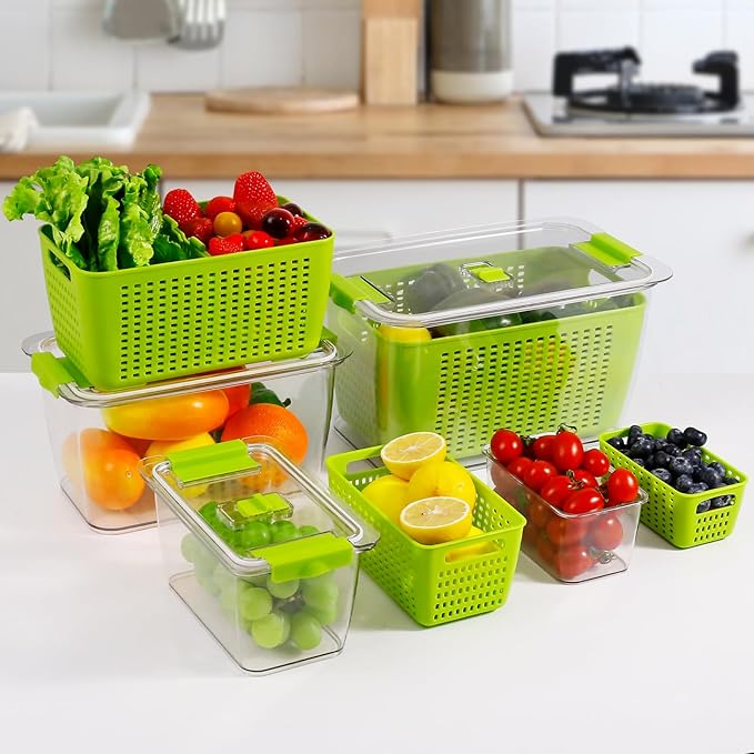 LUXEAR Fruit Vegetable Storage Container, 4 Pack Fresh Containers for Fridge with Lids BPA-Free Produce Refrigerator Organizer for Fruit, Veggie, Berry, Meat Storage Keep Fresh Longer-Green