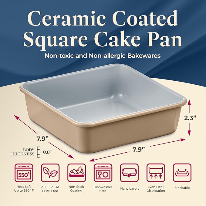 BAKKENMASTER Square Cake Pan - Aluminized Steel, Ceramic Non-Stick Coating, Non-Toxic, Ideal Size, Heavy-Duty, Elevate Your Baking with Durability and Style!