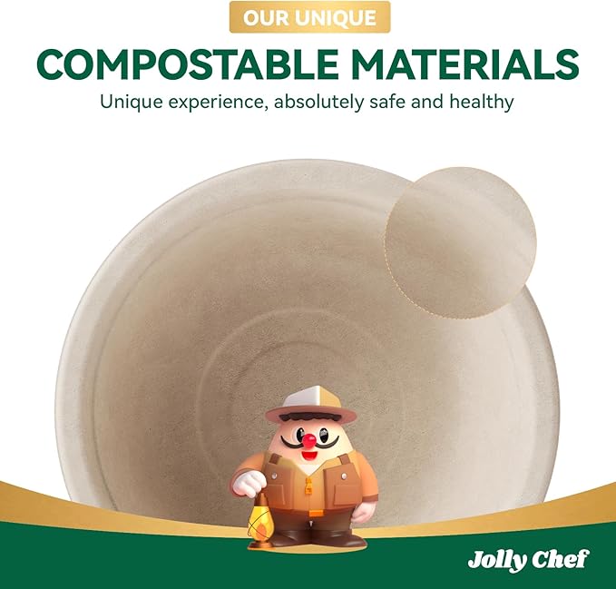 JOLLY CHEF Compostable Disposable Paper Bowl [16 oz] Heavy Duty Soup Containers [150 Pack] Biodegradable Bagasse Hot Cold Eco-Friendly Natural Sugarcane Microwavable Bowls for Salad Dessert Cereals