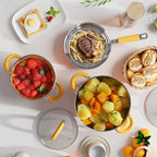 Stainless 18/8 Steel Pots and Pans Set 6 Piece, 4 3 QT Pot with Lid and Steaming, Fry Pan, Compatible with All Stovetops