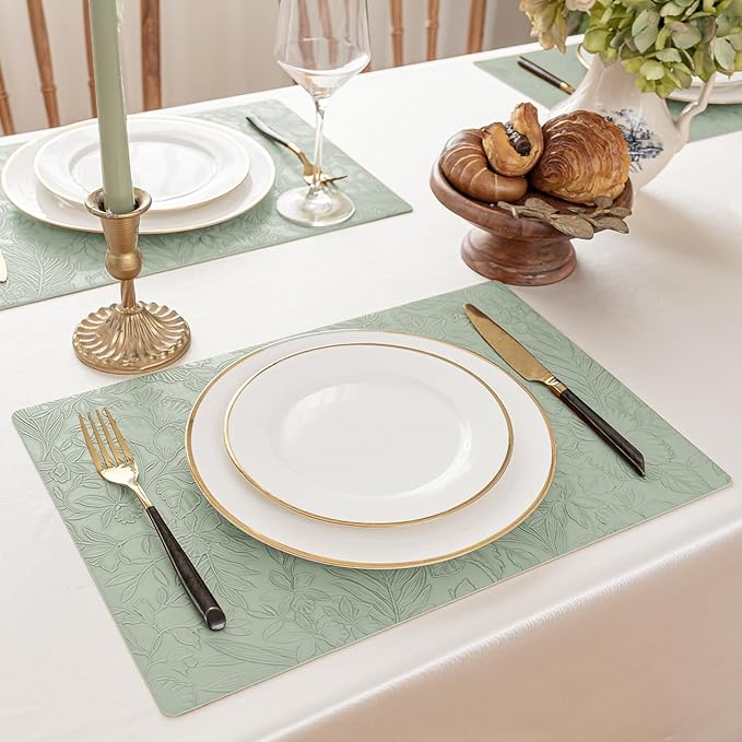 Romanstile Vinyl Placemats Set of 4-12 X 18 Inch - Heat Resistant Non-Slip Embossed Floral Place Mats 100% Waterproof Oilproof Wipeable Faux Leather Table Mats for Kitchen/Dining/Party, GrassGreen