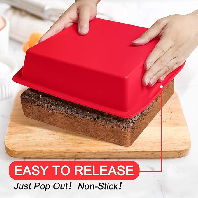 Walfos Silicone Square Cake Pan, 8 inch, Red, BPA Free, Non-Stick, Heat Resistant, Easy to Clean and Store, Ideal for Brownies, Cakes, Bread, Pie, Lasagna, and More