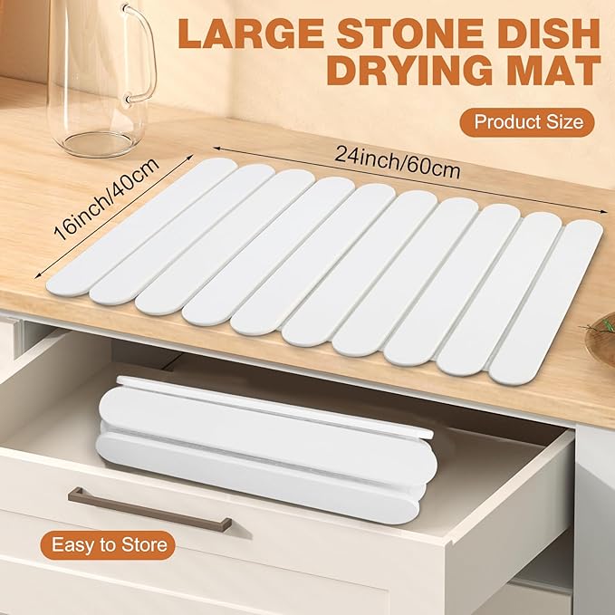 Stone Drying Mat for Kitchen Counter, Large Stone Dish Drying Mat Foldable Diatomaceous Earth Water Absorbing Mat for Dishes Bottles Cups Match Any Countertop White 24" x 16"