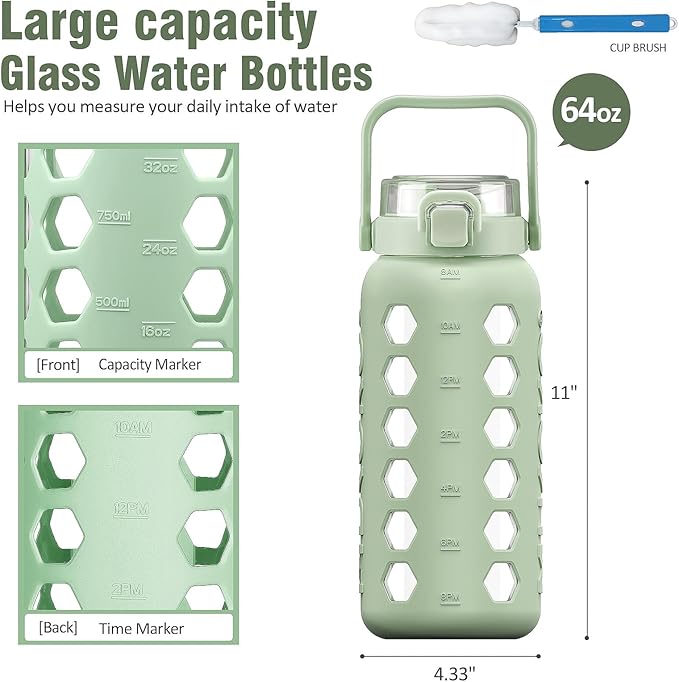 MUKOKO Half Gallon/64 oz Glass Water Bottles with Straw and Lid,Motivational Water Jug with Time Marker Reminder and Silicone Sleeve,100% Leakproof BPA Free Fitness Sports Large Bottle-Green