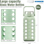 MUKOKO Half Gallon/64 oz Glass Water Bottles with Straw and Lid,Motivational Water Jug with Time Marker Reminder and Silicone Sleeve,100% Leakproof BPA Free Fitness Sports Large Bottle-Green