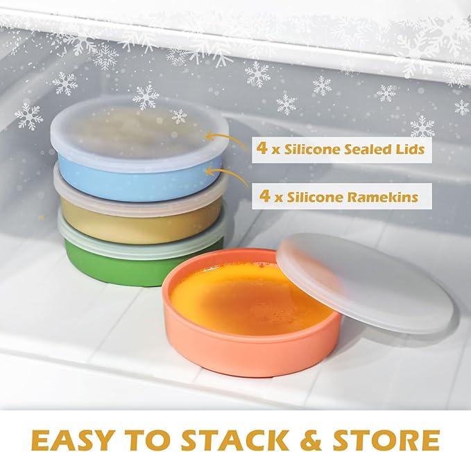 Webake 4 Inch Silicone Air Fryer Egg Molds with Lids, 4 oz Creme Brulee Dishes Shallow Ramekins, Food Storage, Microwave Egg Poacher, Set of 4