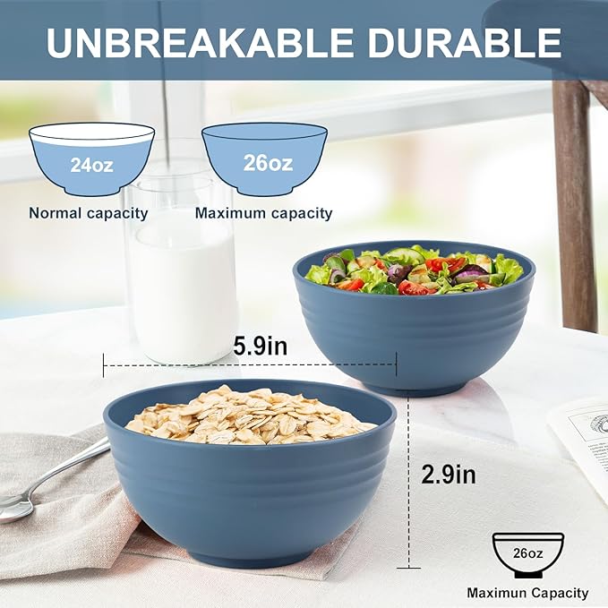 Wheat Straw Bowls for Kitchen 26 OZ - 6 Inch, Unbreakable Lightweight Salad Bowl Set of 6, Microwave and Dishwasher Safe Bowl, Alternative Plastic Bowls Reusable for Cereal, Snack,Fruit (Blue)