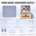 HappyPicnic Picnic Basket Set for 2 - Wicker Picnic Basket with Waterproof Blanket & Insulated Liner, Large Handmade Willow Hamper with Cutlery Kit for Outdoor, Picnic, Camping, Party, Holidays (Blue)