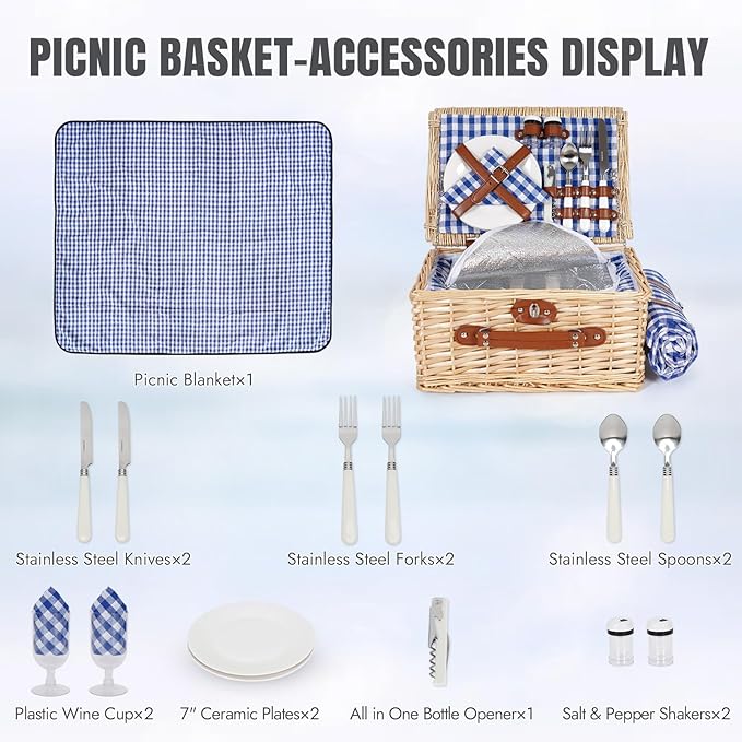 HappyPicnic Picnic Basket Set for 2 - Wicker Picnic Basket with Waterproof Blanket & Insulated Liner, Large Handmade Willow Hamper with Cutlery Kit for Outdoor, Picnic, Camping, Party, Holidays (Blue)