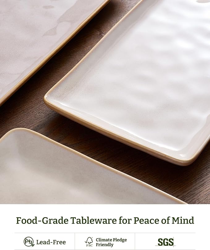 famiware Serving Platter, Rectangular 15.67/14.1/12.6inch Serving Dishes for Entertaining, Microwave Dishwasher Safe, Stoneware Serving Trays for Party, Turkey, Cheese, Ocean Series, Cappuccino White