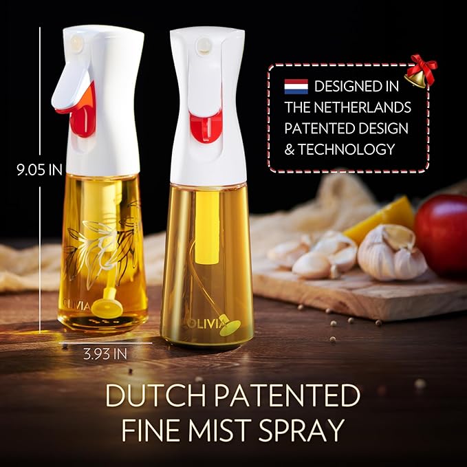 FLAIROSOL OLIVIA Oil Sprayer for Cooking, 2 Pack 200ML Glass Olive Oil Sprayer, Continuous Cooking Spray Dispenser with Portion Control for Kitchen Air Fryer, Salad, BBQ, White