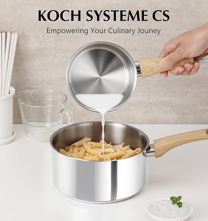 KOCH SYSTEME CS Stainless Steel Saucepan Set, 6 Piece 18/10 Stainless Steel Pots with Lids 1QT 2QT 3QT, Stay Cool Handles, 5 Layer Steel Base Heavy Duty Suce Pan Set, Induction Compatible