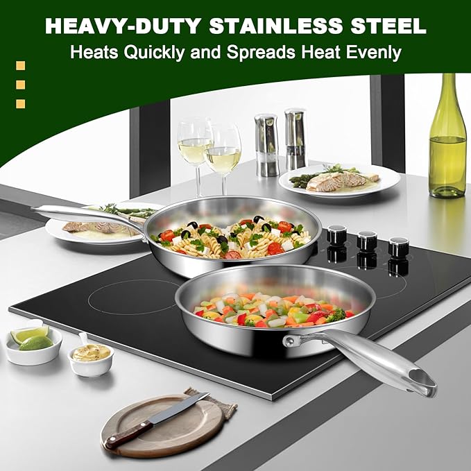 EWFEN 12 Inch Tri-Ply Stainless Steel Frying Pan, Compatible with All Cooktops Up to 600℉, Large Frying Pan with lids, Induction-Ready Skillet, Dishwasher and Oven Safe, Fast & Even Heat, Heavy Duty