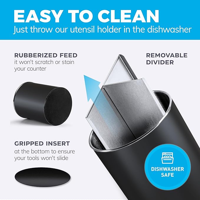 Rotating Extra Large Stainless Steel Utensil Holder Caddy with Sturdy No-Tip Weighted Base, Removable Divider, and Gripped Insert Bottom -Dishwasher Safe Metal Cooking Utensil Holder (Black)