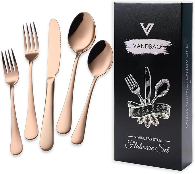 VANDBAO Coppery Flatware Cutlery Silverware Set 20 Pieces, Stainless Steel Colorful Utensils, Tableware Set Service for 4, Include Knife/Fork/Spoon, Reusable, Mirror Polished, Dishwasher Safe