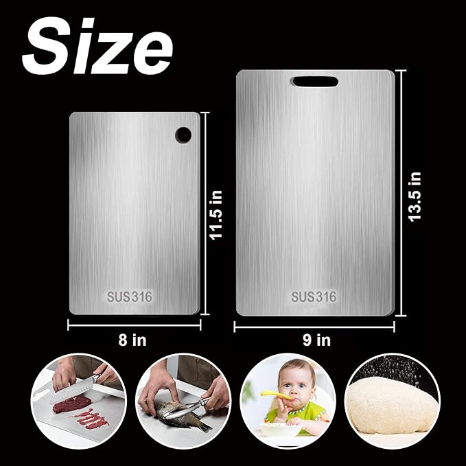 Titanium Cutting Board, Steel Cutting Boards For Kitchen, Stainless Steel Cutting Board 316, Large Double Sided Medical-grade Hygiene Durable non moldy 316L Stainless Steel Chopping Board (2PC-S+L)