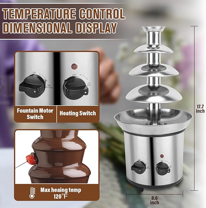 Chocolate Fountain, 4 Tier Chocolate Fondue Fountain Electric Melting Machine for Parties, Nacho Cheese, Ranch, Sauce, Wedding, Chocolate Fountain Machine with 4pcs Stainless Steel Forks(4 LB)