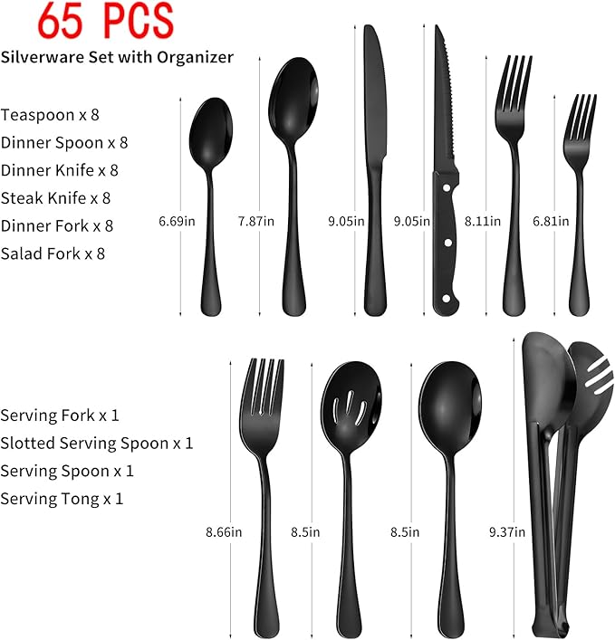 65PCS Silverware Set for 8 with Flatware Drawer Organizer, Stainless Steel Cutlery Set with Steak Knives, Include Spoons and Forks Set & Serving Utensils, Mirror Polished, Black