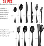 65PCS Silverware Set for 8 with Flatware Drawer Organizer, Stainless Steel Cutlery Set with Steak Knives, Include Spoons and Forks Set & Serving Utensils, Mirror Polished, Black