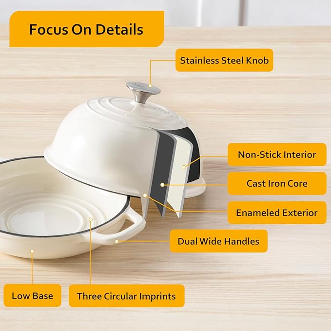 Velaze Enameled Cast Iron Dutch Oven for Bread Baking,5 QT Round Bread Oven Pot with Dome Lid for Sourdough, Roasting,Braising(White)