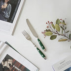 5-Piece Silverware Set, 304 Riveted Stainless Steel Flatware Set, Service for 1, Vintage Cutlery Set with Green Bakelite Handle, Mirror Polished | Rustic | Dishwasher Safe