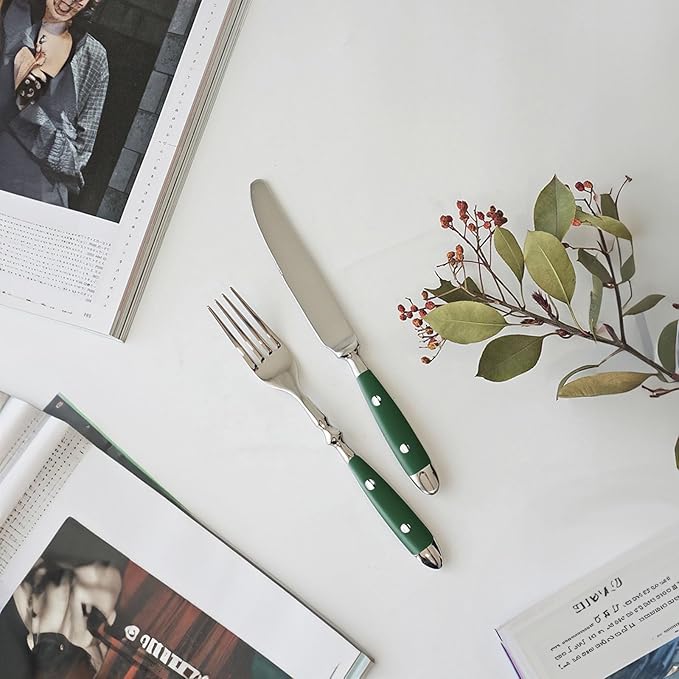 20-Piece Silverware Set, 304 Riveted Stainless Steel Flatware Set, Service for 1, Vintage Cutlery Set with Green Bakelite Handle, Mirror Polished | Rustic | Dishwasher Safee