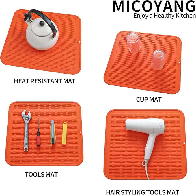Silicone Dish Drying Mat for Multiple Usage,Easy clean,Eco-friendly,Heat-resistant Silicone Mat for Kitchen Counter or Sink,Refrigerator or Drawer Liner Orange XL 18 inches x 16 inches