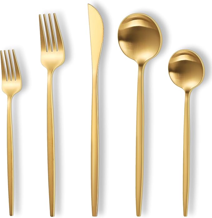 Matte Gold Silverware Set,30 Piece Stainless Steel Modern Flatware Set,Brushed Cutlery Set Service for 6,Satin Finish Utensils Set,Home Kitchen and Restaurant,Dishwasher Safe