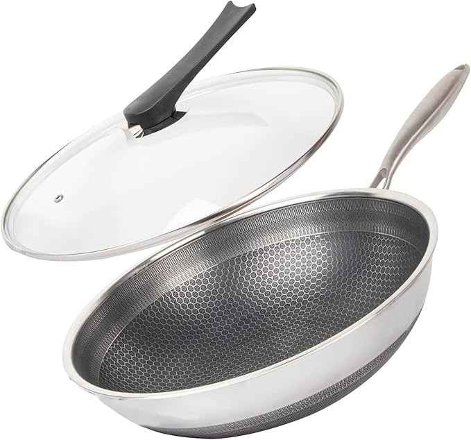12.5" 316L Stainless Steel Honeycomb Non Stick Wok Pan Stir-fry Wok with Lid,Skillet with Stay-cool Handle PFOA Free Suitable for Induction, Ceramic, Electric, and Gas Cooktops