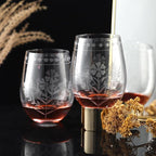 Joeyan Hand Blown Etched Stemless Wine Glasses,Carved Red and White Wine Tumbler with Floral Pattern,Clear Drinking Glass Cups,Glassware for Birthday Party Anniversary,19 oz,Set of 4,Dishwasher Safe