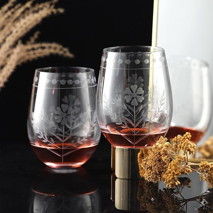 Joeyan Hand Blown Etched Stemless Wine Glasses,Carved Red and White Wine Tumbler with Floral Pattern,Clear Drinking Glass Cups,Glassware for Birthday Party Anniversary,19 oz,Set of 4,Dishwasher Safe