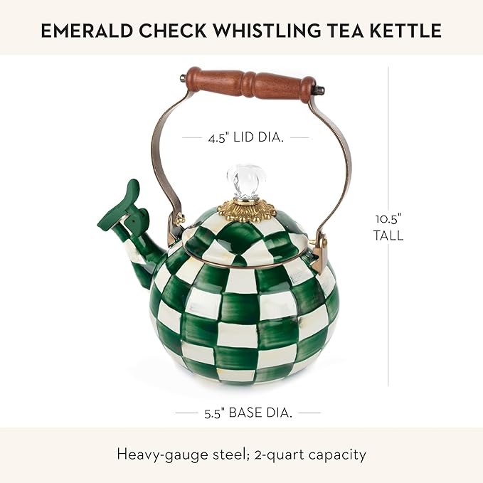 MACKENZIE-CHILDS Enamel Whistling Tea Kettle, Decorative Teapot, Green-and-White Emerald Check
