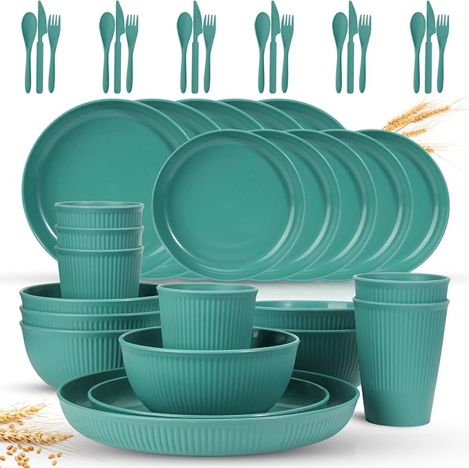 OAMCEG Plates and Bowls Sets Kitchen 42 Pcs, Plastic Wheat Straw Dinnerware Set, Dinner Plate/Dessert Plate/Cereal Bowl/Cup/Flatware Set, Dishwasher Microwave Safe, Outdoor Camping Dishes, Green
