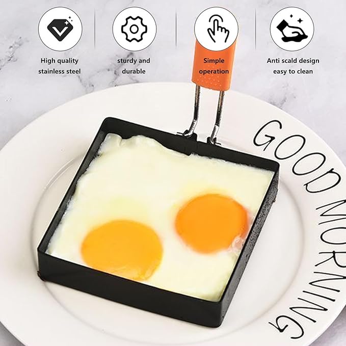 2 Pcs 4 In Square Egg Ring for Frying,Egg Pancake Cooking Rings,Non Stick Stainless Steel Omelet Maker,Equipped with silicone insulated handle,oil brush,and egg separator