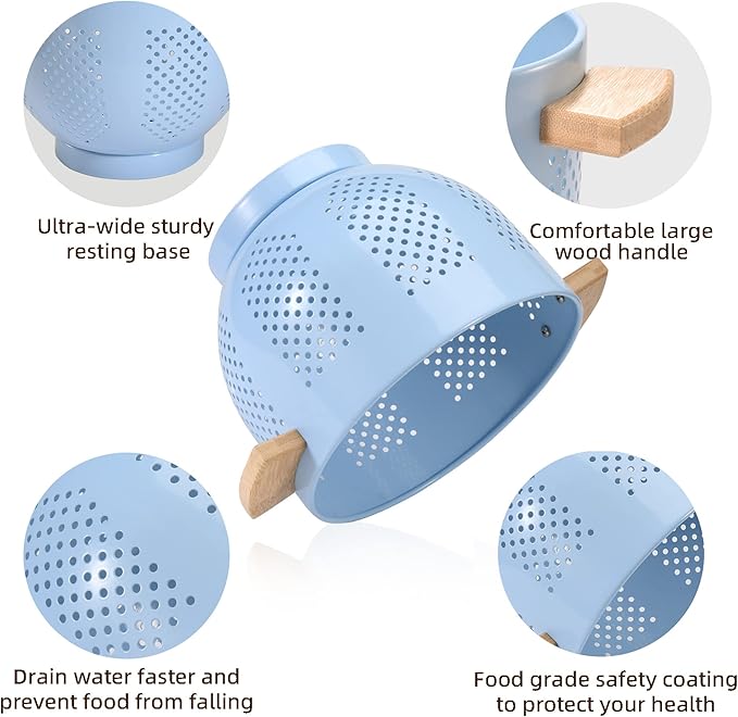 Metal Colander with Wood Handle and Stable Base, Powder Coated Steel Kitchen Strainer Basket for Draining Pasta, Vegetable and fruit(5.5quart,Blue)