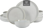 Gibson Elite Tahoe Sunset 12 Piece Stoneware Reactive Glaze (Service for 4) Ceramic Plates and Bowls Dinnerware Set - Cream White