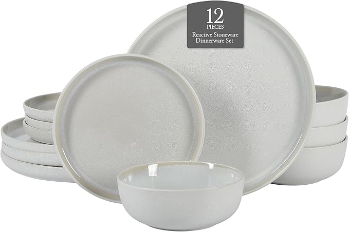 Gibson Elite Tahoe Sunset 12 Piece Stoneware Reactive Glaze (Service for 4) Ceramic Plates and Bowls Dinnerware Set - Cream White