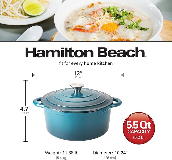 Hamilton Beach 5.5-Quart Enameled Cast Iron Dutch Oven with Lid | Heavy-Duty Pot for Braising, Roasting & Baking | Navy