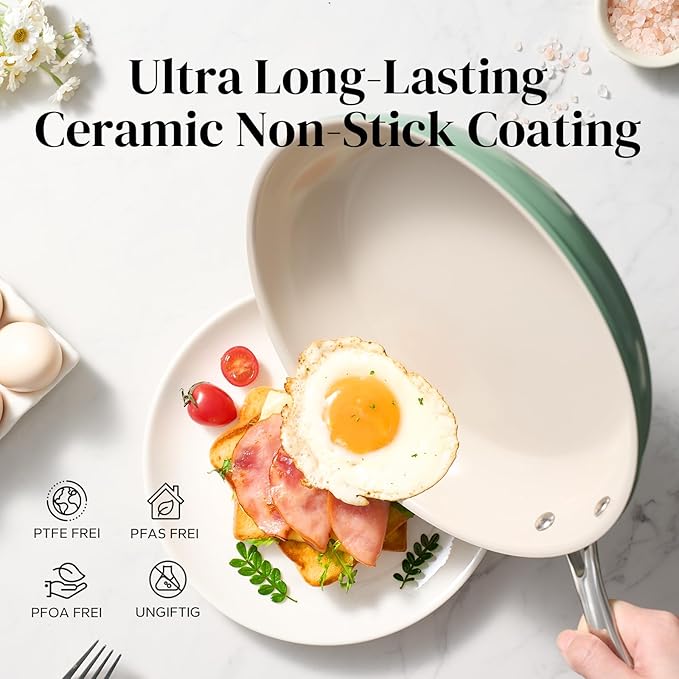 Redchef Nonstick Frying Pan Skillet, Ceramic Non-Stick Saute Pans, 11 inch Cooking Fry Pan with Stay Cool Handle, All Stovetops (Gas, Electric & Induction), Dishwasher/Oven Safe, PFAS-Free (Green)