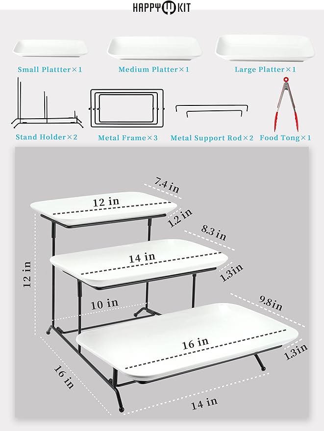 Happy Kit 3 Tier Serving Tray with Serving Tong, Ceramic Rectangular Serving Platters for Cupcake Stand Display, 16/14/12inch Tiered Serving Tray with Collapsible Sturdy Metal Rack for Dessert Server